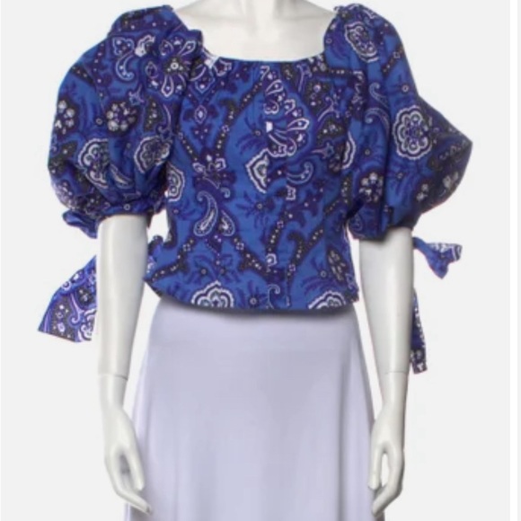 Caroline Constas Nella Paisley off the shoulder puff sleeve top - Picture 2 of 5